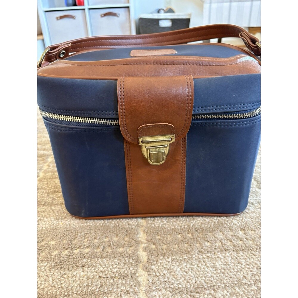 Vintage Sears Train Case Navy Brown Faux Leather Makeup Travel Bag